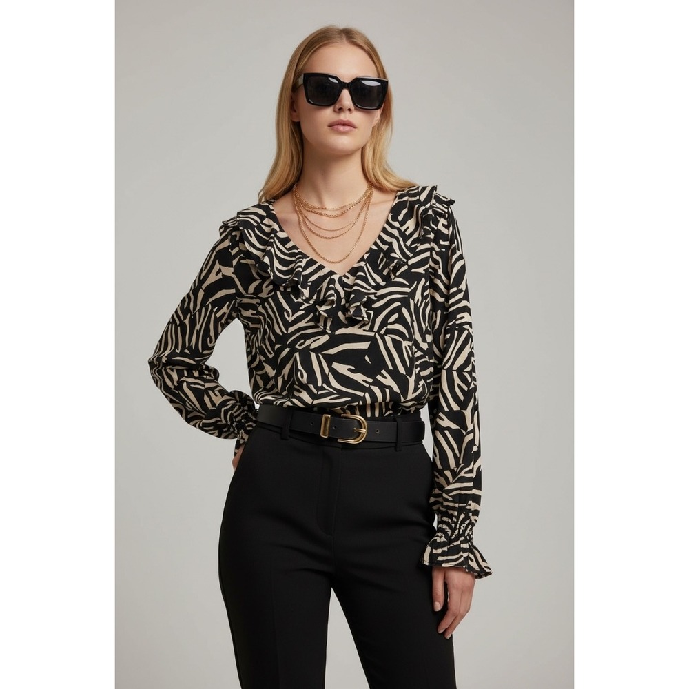NEW Reitman's Signature Large Zebra Print Ruffle V Neck Long Sleeve Blouse